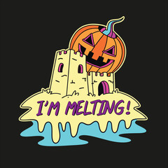 A cartoon of a melting sandcastle with a jack o lantern on top of it