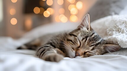 Comfortable, resting and pet care with domestic kitten in bedroom of home for support, growth and wellness