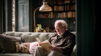 Senior man, reading and book on sofa with poetry, literature and information in lounge at apartment.
