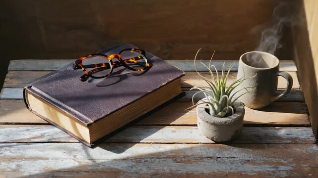 A still life featuring a book, eyeglasses, a cup of steaming drink, and a small air plant on a rustic wooden surface. Sunlight casts shadows on the items