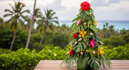 Christmas tree decorated with plumeria flowers and seashells, gift box on tropical beach. Holiday celebration concept for greeting card for New Year, Christmas vacation, travel blog