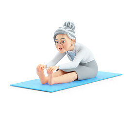 3d cartoon granny in seated forward bend pose
