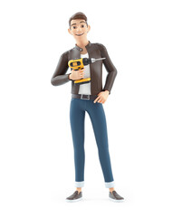 3d cartoon man holding power drill