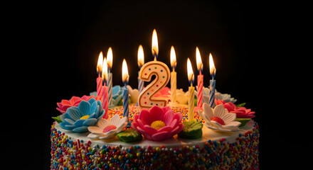Birthday cake with number two candle and flowers