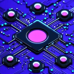 Fototapeta premium Close-up of a futuristic purple and blue electronic circuit board with glowing pink and blue circular nodes and interconnected pathways, conveying a high-tech digital energy
