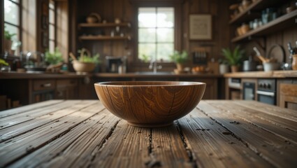 Elegant Wooden Bowl Centerpiece on Rustic Dining Table Surrounded by Lush Greenery in a Cozy Kitchen