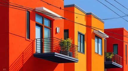 Colorful Modern Apartment Buildings with Balconies Against a Clear Blue Sky