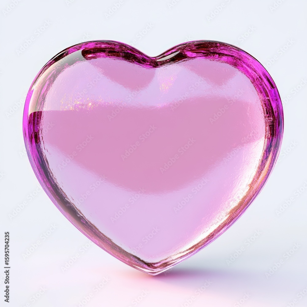 Poster shiny translucent pink heart-shaped glass object reflecting light with smooth and glossy surface on 
