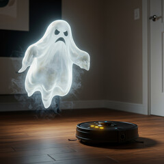 Angry, annoyed ghost floating above wood floor in spooky home. spirit looks irritated by robot vacuum cleaner, funny paranormal conflict with technology