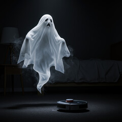 Funny, annoyed ghost in white sheet floating above robotic vacuum cleaner. spooky spirit looks scared and bothered by smart home appliance on dark background