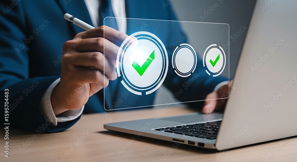 Fototapete man uses stylus pen to select digital checkmarks on virtual screen interface, visual presentation of