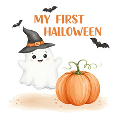 Cute happy baby ghost illustration for first Halloween. Adorable ghost character with witch hat, pumpkin, and bat, perfect design for festive holiday greeting