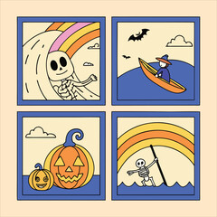 Obraz premium Four halloween themed illustrations with skeletons pumpkins and a witch