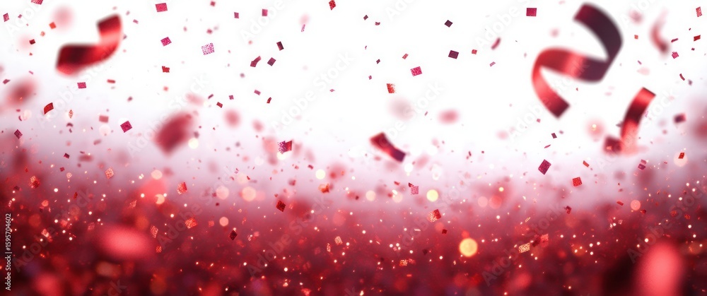 Poster red confetti and shiny glitter falling with blurred bokeh lights creating a festive and celebratory 