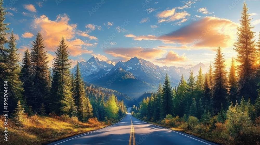 Poster scenic mountain road lined with tall evergreen trees under a colorful sky with soft clouds during go