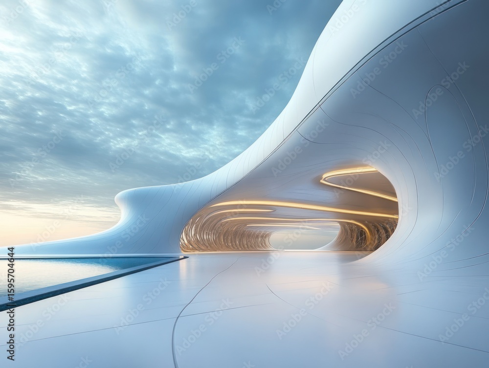 Poster futuristic smooth white architectural structure with curved forms and illuminated interior under a c