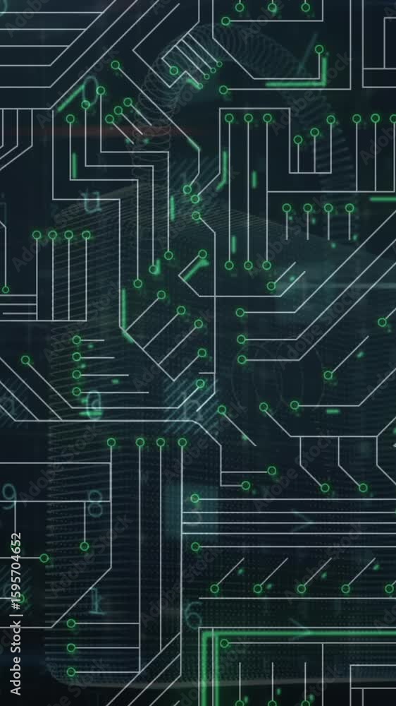 Poster animation of cyber security data processing over microprocessor connections against black background