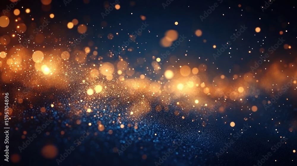 Poster abstract glowing golden and blue particles floating and sparkling in a dark space creating a magical