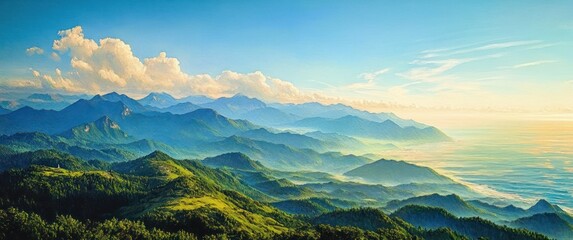 Expansive mountain range covered in green forests with smooth ridges fading into a misty horizon under a bright blue sky with scattered white clouds beside a calm sea