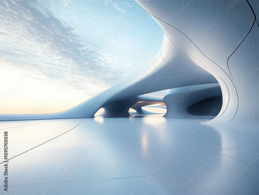 Poster futuristic sleek white architectural structure with smooth curved lines and open spaces under a soft