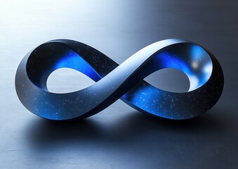 Glowing infinity loop symbol with a smooth metallic surface and speckled star-like texture on a dark reflective background