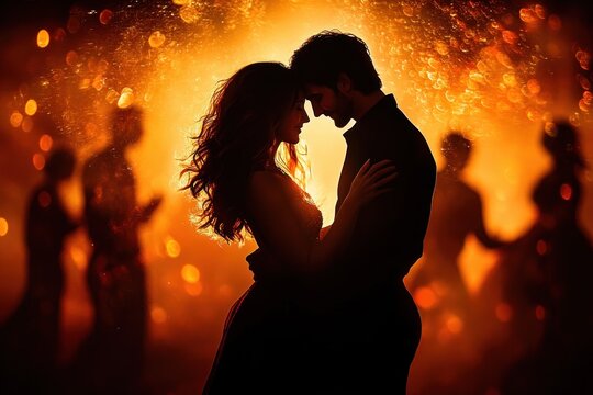 Silhouetted couple embracing tenderly against warm, glowing amber background with blurred dancing figures and sparkling light orbs creating a romantic atmosphere