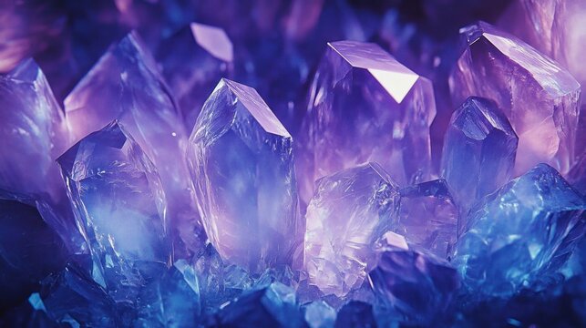 Close-up of translucent purple and blue crystals with sharp geometric facets glowing softly under light