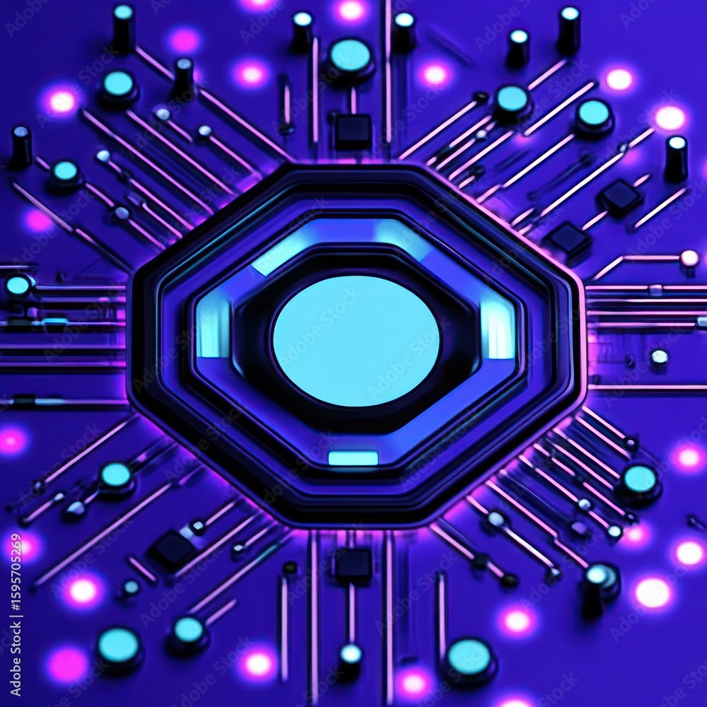 Poster futuristic digital circuit board with glowing blue and purple lights radiating from a central hexago