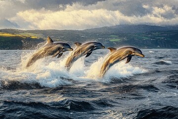 Three dolphins leaping out of choppy ocean water with splashes under a cloudy sky and distant green hills, capturing a dynamic and lively moment in nature