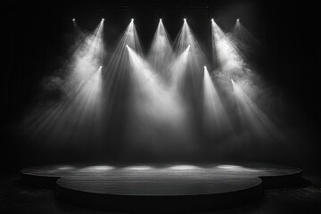 Empty circular stage illuminated by multiple spotlights with fog and beams of light in a dark theater setting