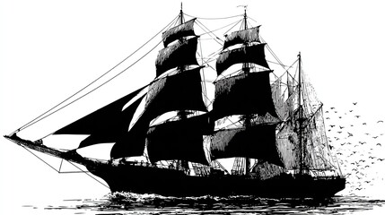 Tall ship sailing on the ocean, silhouetted, with multiple sails and flying birds