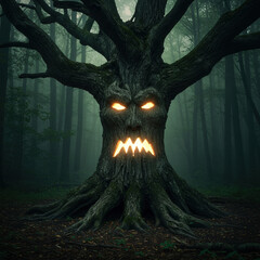Creepy gnarled tree monster with scary face in dark horror forest. angry creature has glowing eyes and mouth, creating frightening and evil scene