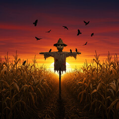 Lonely scarecrow standing in spooky cornfield at sunset. Crows fly overhead in autumn sky, creating beautiful yet eerie rural farm scene during harvest season