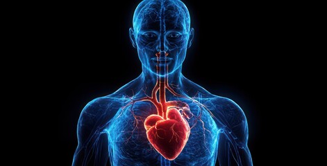 3d visualization of a human upper body highlighting the cardiovascular system with a glowing red heart and blood vessels under a blue transparent skin