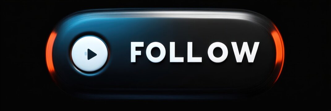 3D digital button with glowing blue and red edges featuring a play icon and the word follow on a dark background