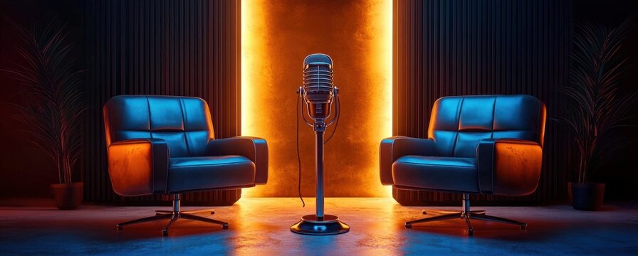 A retro microphone positioned between two modern blue leather armchairs illuminated by warm orange backlighting with potted plants on each side in a stylish room - Powered by Adobe