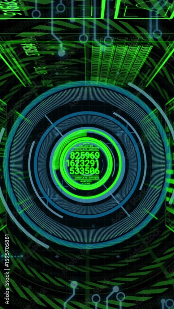 Poster animation of interface with spinning round scanner and data processing against black background