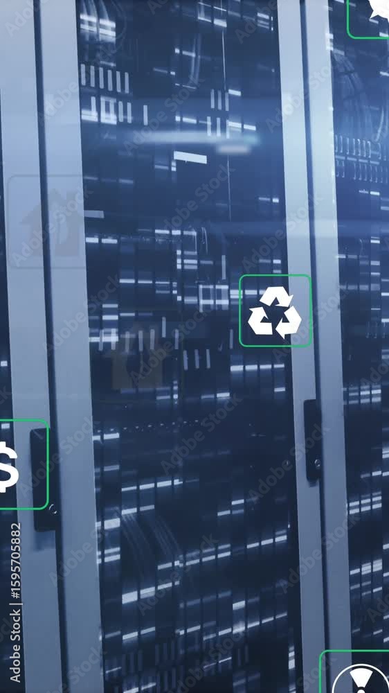 Poster animation of multiple icons with lens flares over bars on data server racks in server room
