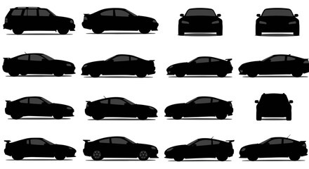 A comprehensive collection of black car silhouettes isolated on a white background. Various vehicle types including sedan, coupe, and wagon from side, front, and rear views.