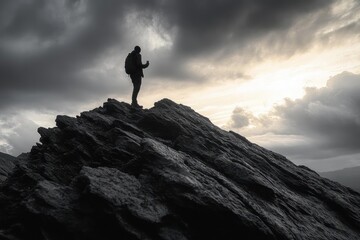 silhouetted hiker standing atop rugged rocky mountain peak under dramatic cloudy sky at sunset