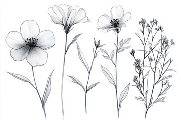Detailed monochrome botanical illustration of five different delicate flowering plants with slender stems and leaves on a white background