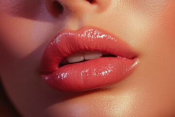 Fototapeta premium Close-up of a person's glossy, well-moisturized lips and smooth skin with natural warm lighting enhancing texture and shine