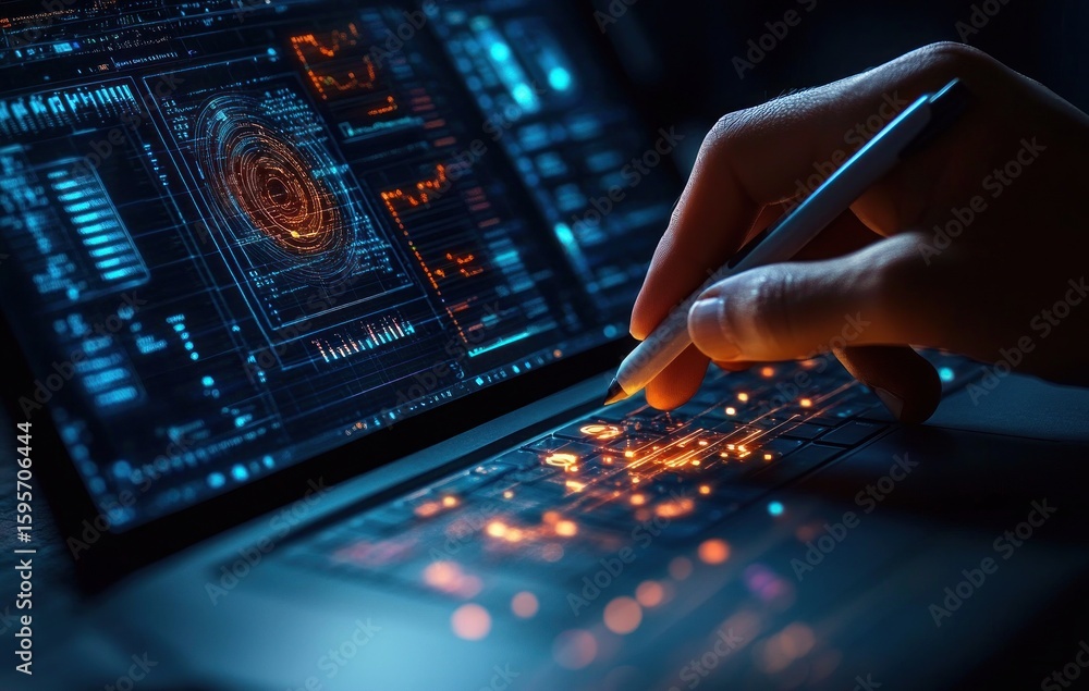 Poster close-up of a hand holding a stylus pen interacting with a laptop displaying futuristic digital inte