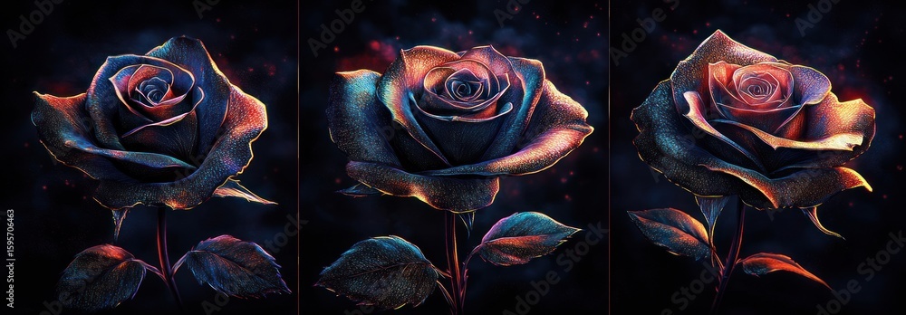 Poster three dark blue roses with glowing edges in a triptych arrangement on a black background creating a 