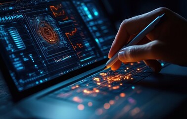 Close-up of a hand holding a stylus pen interacting with a laptop displaying futuristic digital interface with glowing blue and orange data graphics evoking focus and innovation