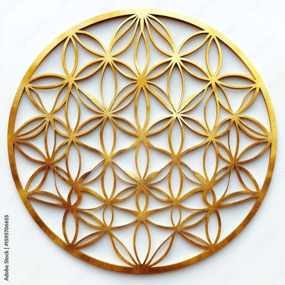 Poster intricate golden circular geometric pattern with interlocking elliptical shapes forming a symmetrica