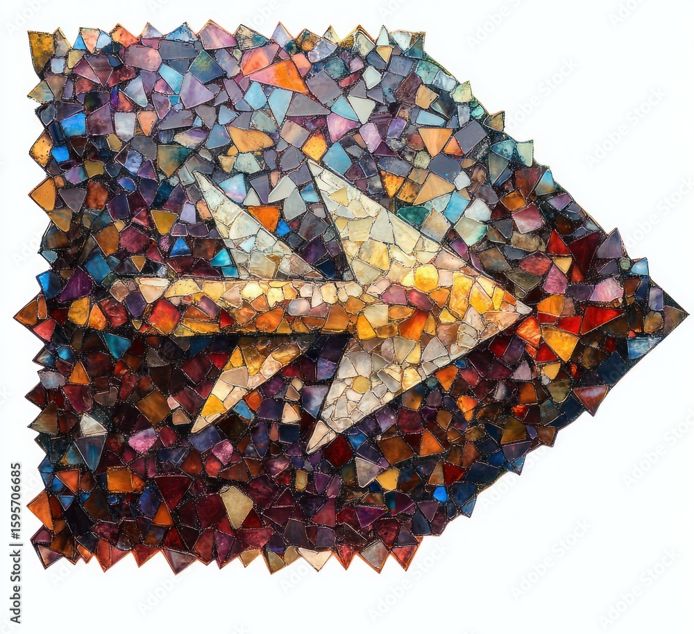 Poster mosaic arrow pointing to the right made of colorful irregular glass pieces creating a vibrant and dy