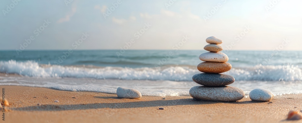 Poster stack of smooth rounded pebbles balanced on sandy beach with gentle ocean waves and clear sky in the