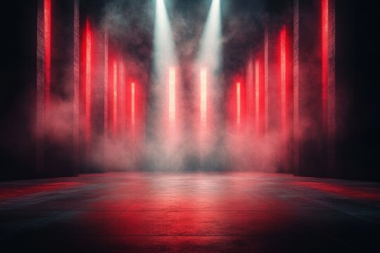Empty dark room with tiled floor illuminated by vertical red lights and two white spotlights shining through misty fog creating a dramatic atmosphere