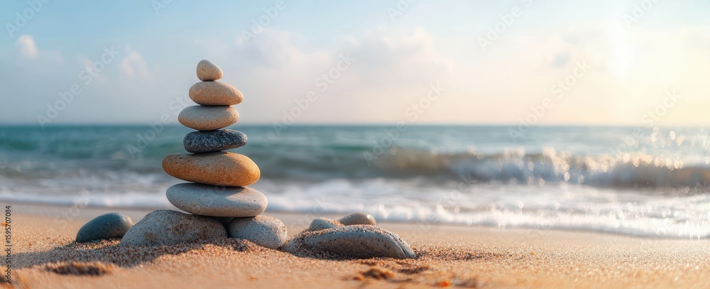 Poster balanced stack of smooth stones on sandy beach with gentle ocean waves under soft morning sky creati